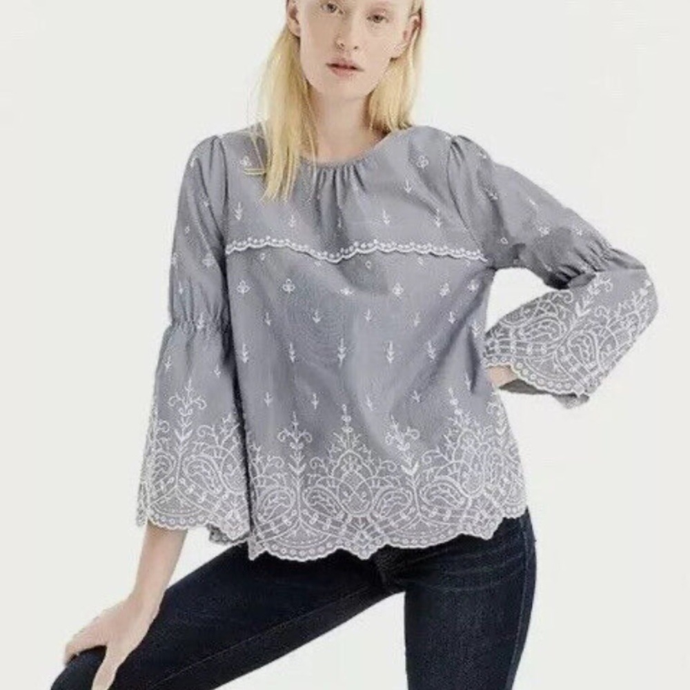 J Crew Women’s Bell Sleeve Embroidered Blouse In Striped Poplin Blue White Sz S